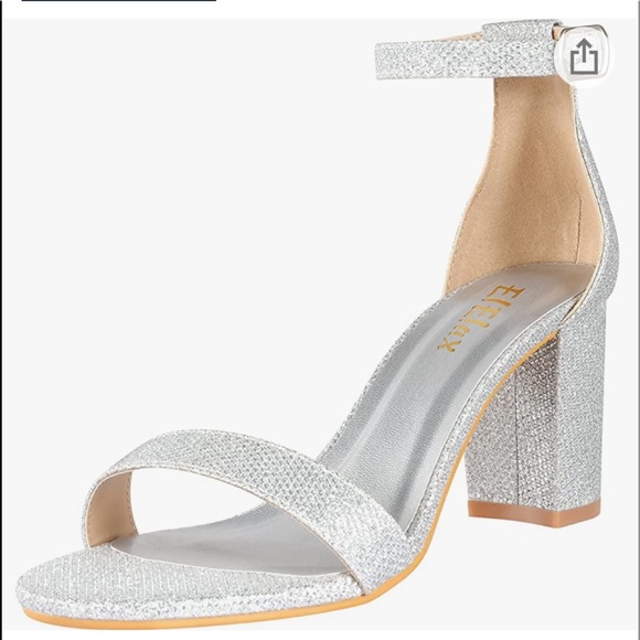ElElax Silver Heels Open Toe Ankle Strap Chunky Heel Sandals 2.75 inch Heel - Picture 1 of 5